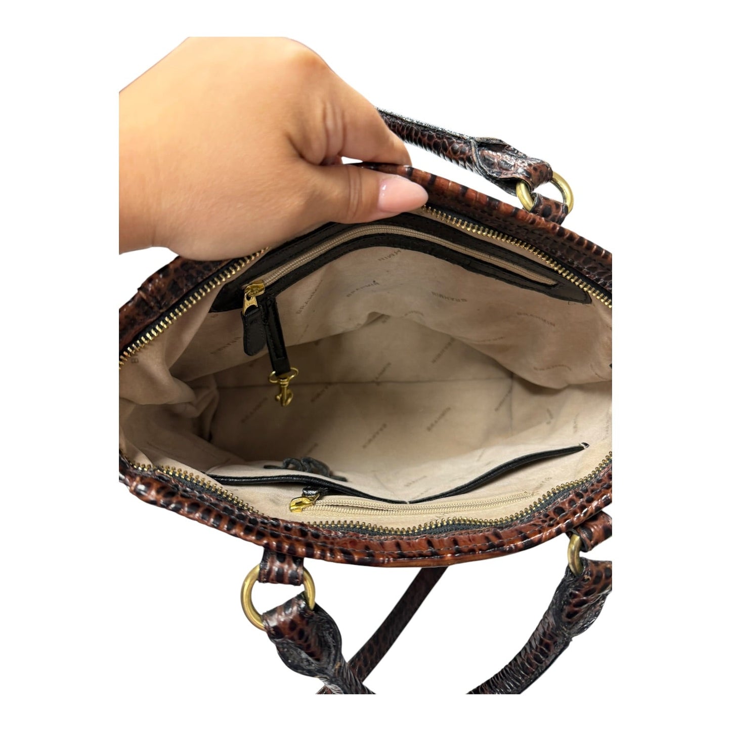 Handbag Designer By Brahmin In Black & Brown, Size:Medium