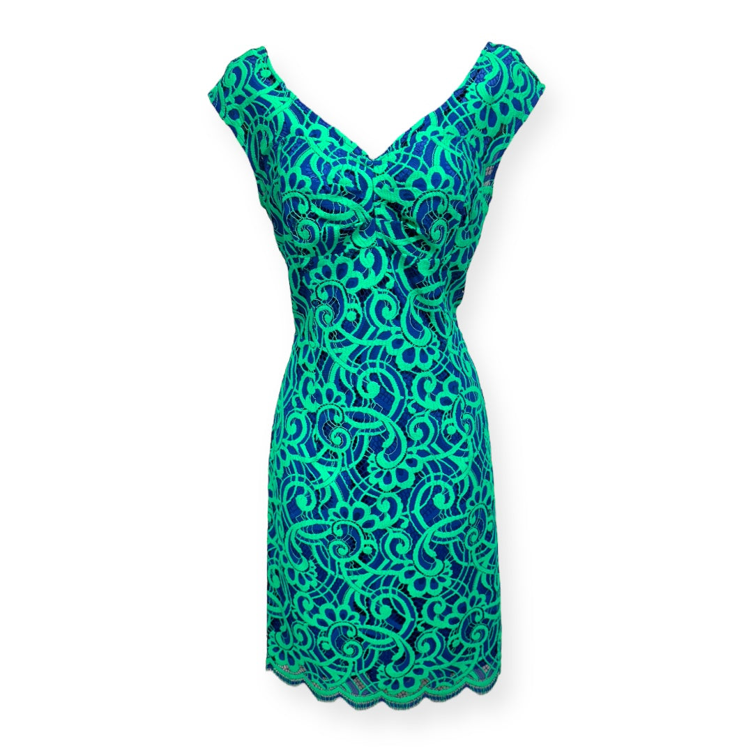 Rosaline Dress in About Face Blue Green Bomber Lace Designer Lilly Pulitzer, Size 6
