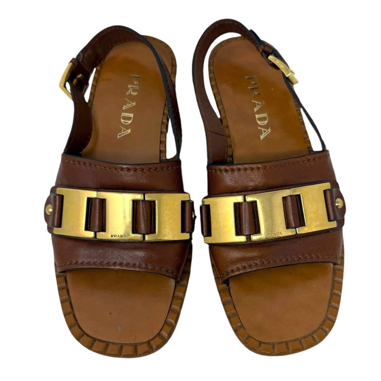 Leather Chain Front Slingback Sandals Luxury Designer By Prada In Brown, Size: US 9/ IT 39.5