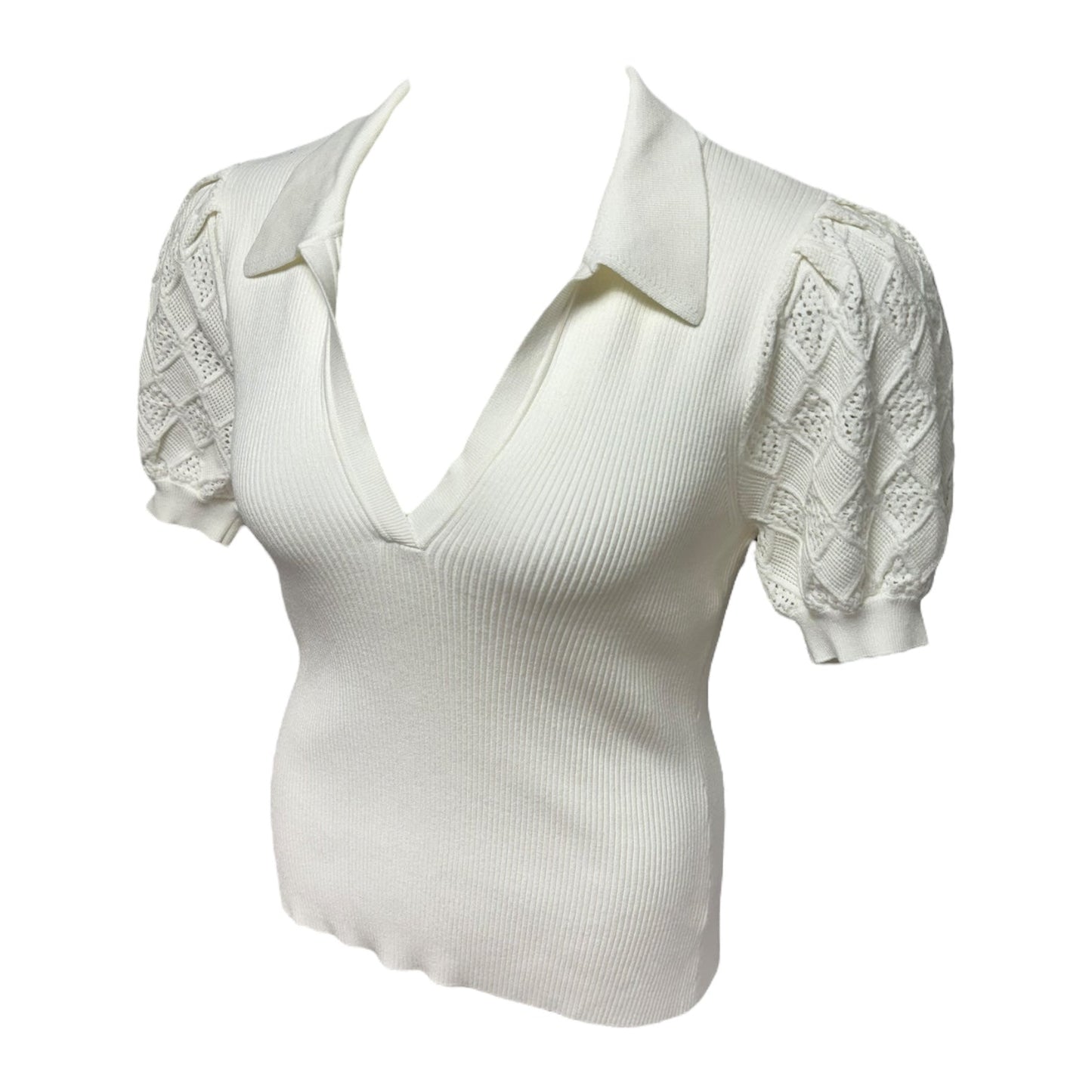 Pointelle Puff Sleeve Polo Top Designer By Milly In White, Size: L