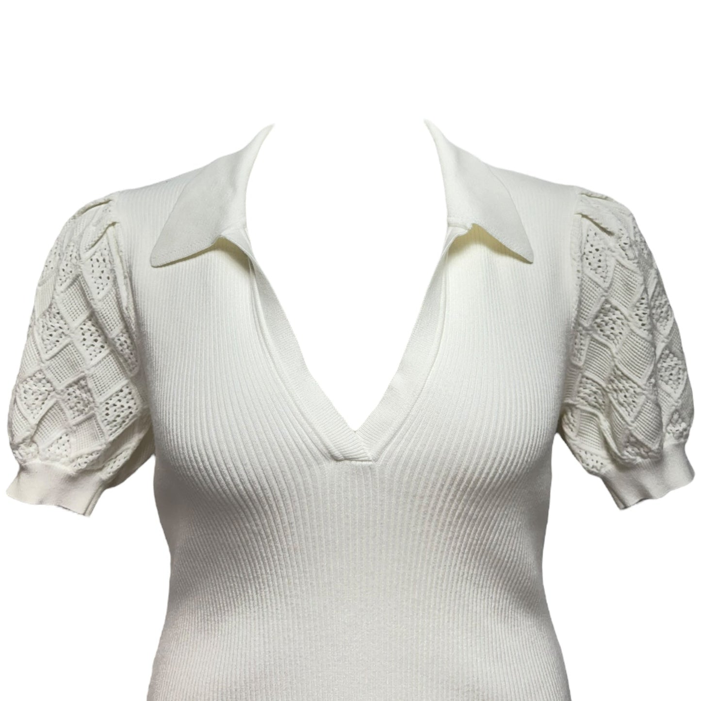 Pointelle Puff Sleeve Polo Top Designer By Milly In White, Size: L