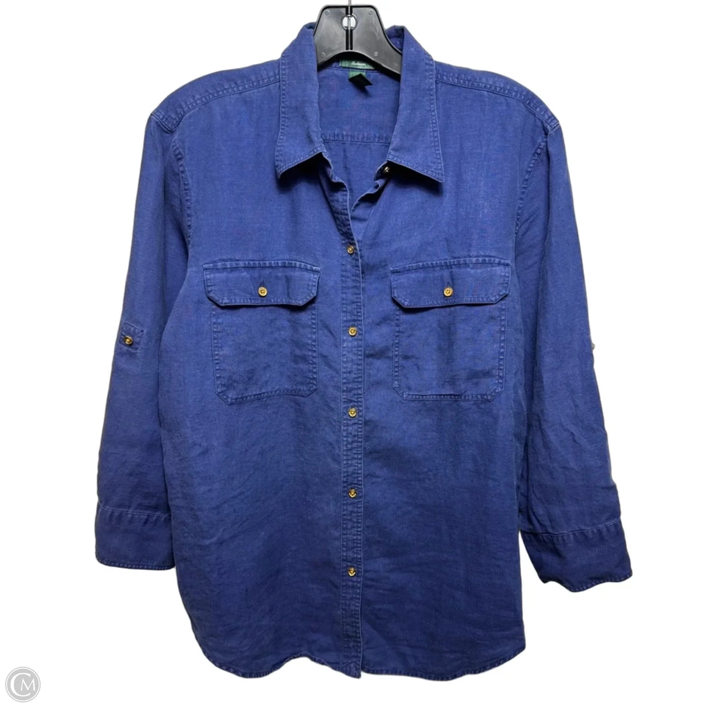 Linen Top Long Sleeve By Lauren By Ralph Lauren In Blue, Size: L