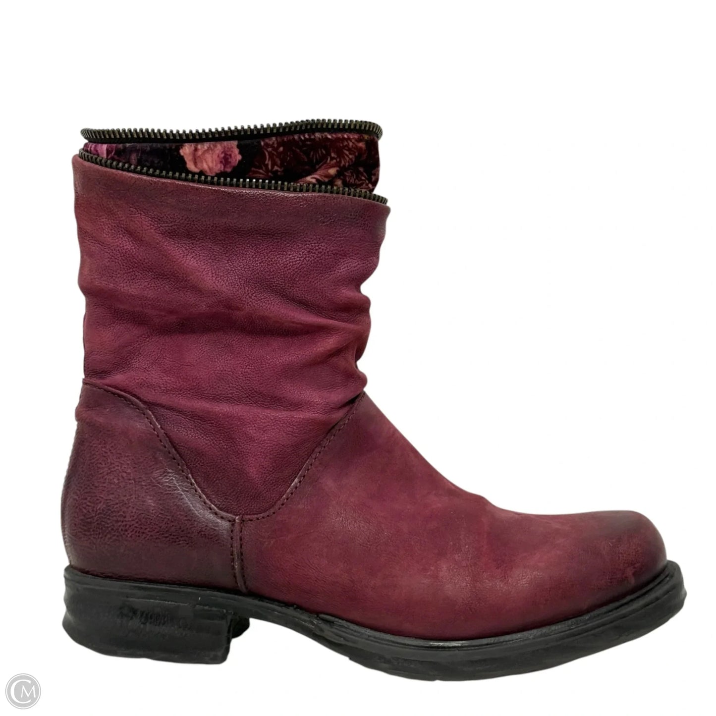 Handcrafted Leather & Velvet Trim Biker Boots By A.S. 98 In Maroon, Size: 8.5