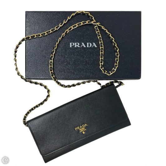 Saffiano Leather Metal Logo Convertible Wallet On Chain/Clutch Luxury Designer By Prada, Size: Small