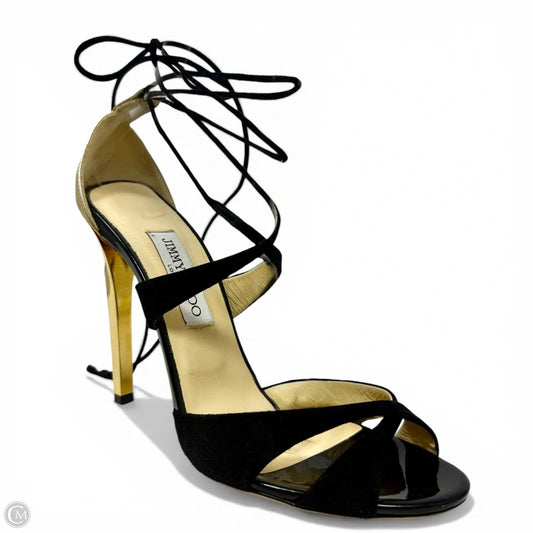 Teira Stiletto Lace Up Sandals Luxury Designer By Jimmy Choo In Black & Gold, Size: 9.5