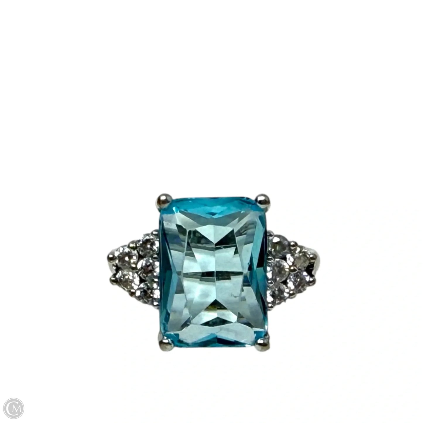 Emerald Cut Simulated Aquamarine, CZ & Sterling Silver, Size: 8