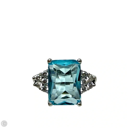 Emerald Cut Simulated Aquamarine, CZ & Sterling Silver, Size: 8
