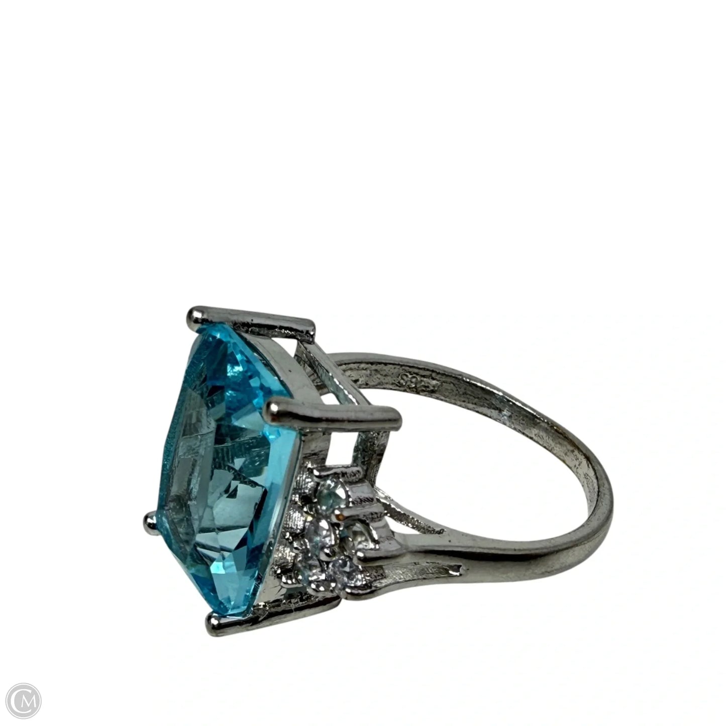 Emerald Cut Simulated Aquamarine, CZ & Sterling Silver, Size: 8