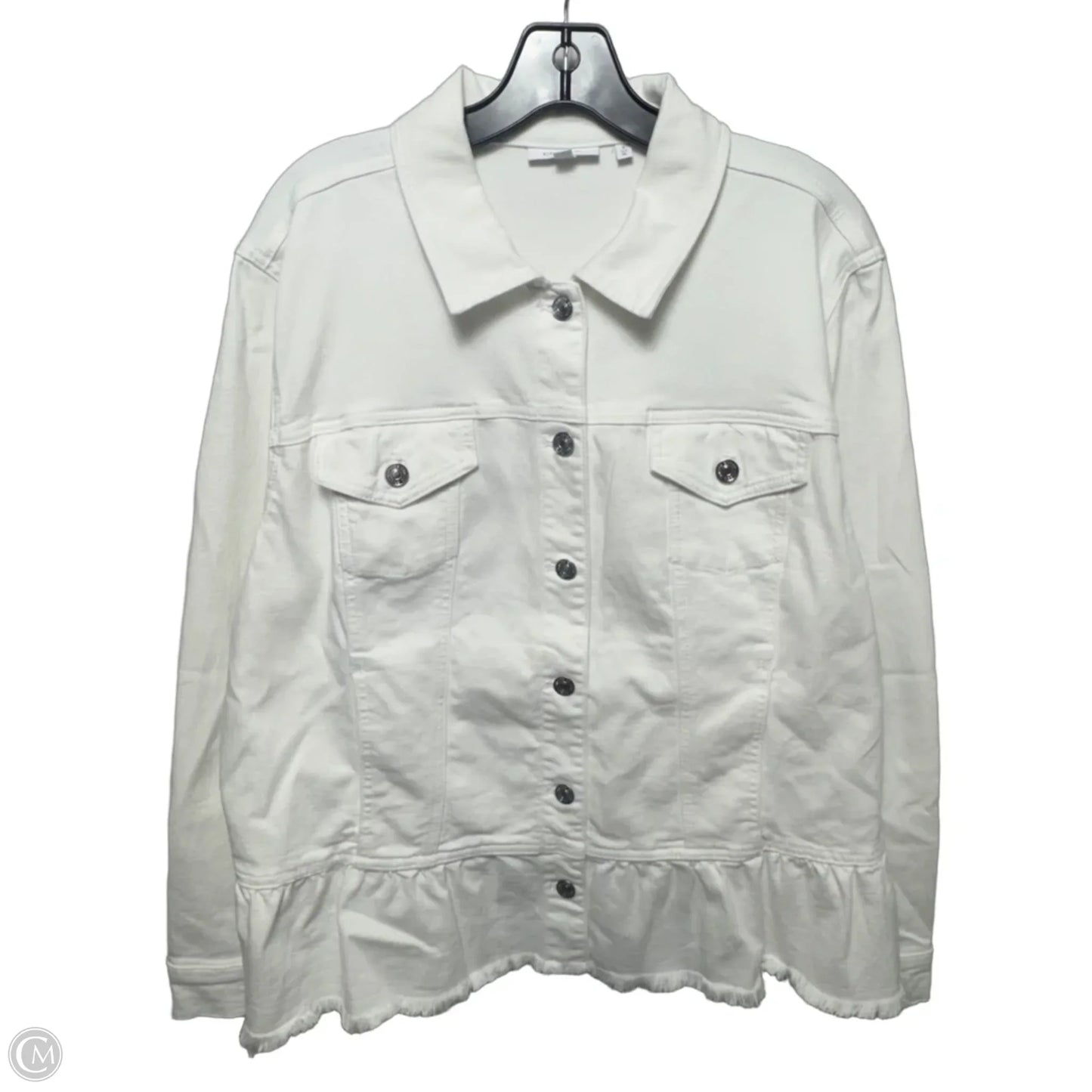 Frayed Edge Jacket Denim By Chicos In White, Size: XL