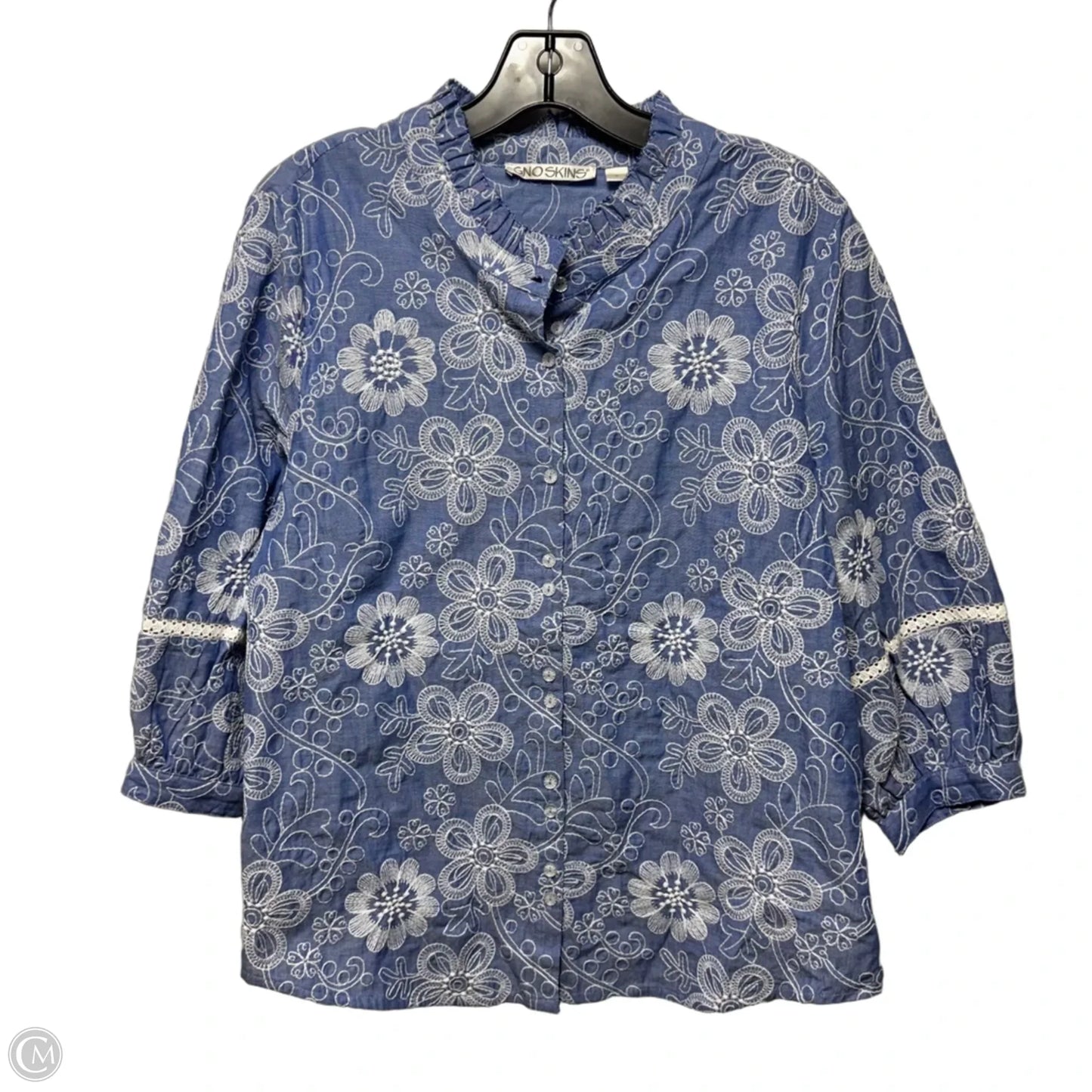 Embroidered Top 3/4 Sleeve By Sno Skins In Blue & White, Size: S
