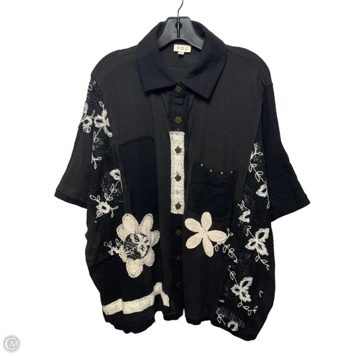 Top Short Sleeve By Pol In Black & Cream, Size: M