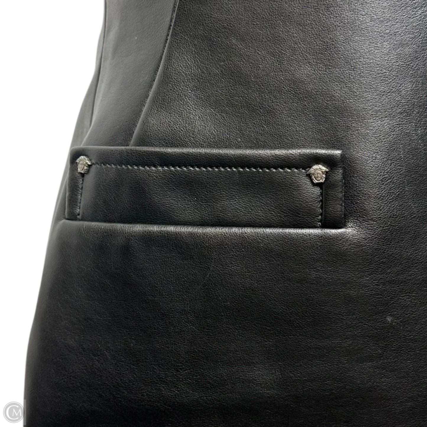 AS IS Faux Leather Sheath Dress Luxury Designer By Versace In Black, Size: 2 (38)