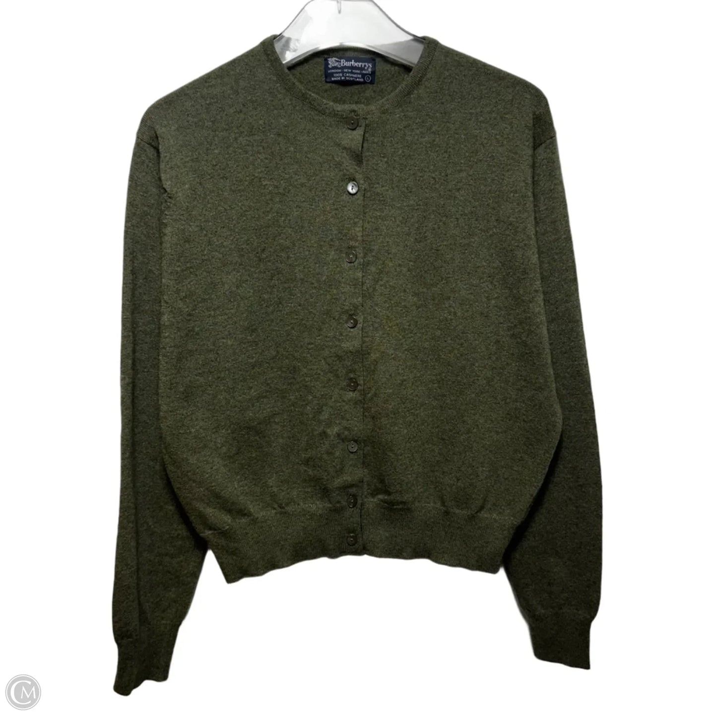Vintage 100% Cashmere Sweater Cardigan Luxury Designer By Burberry In Green, Size: L