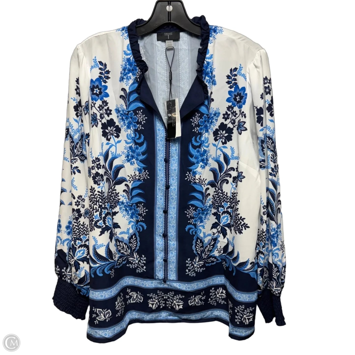 Top Long Sleeve By T Tahari In Blue & White, Size: Xl
