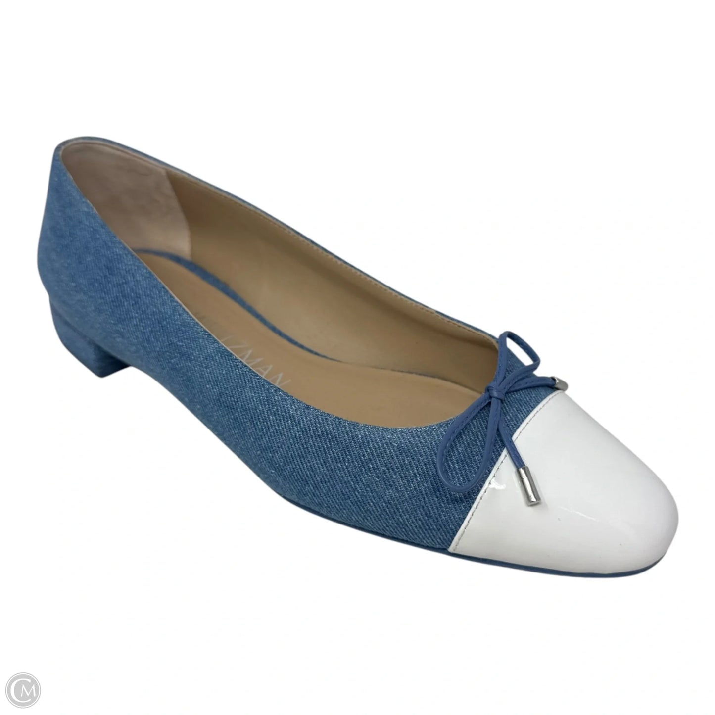 Cap Toe Denim Block Heel Shoes Designer By Stuart Weitzman In Blue Denim, Size: 8.5
