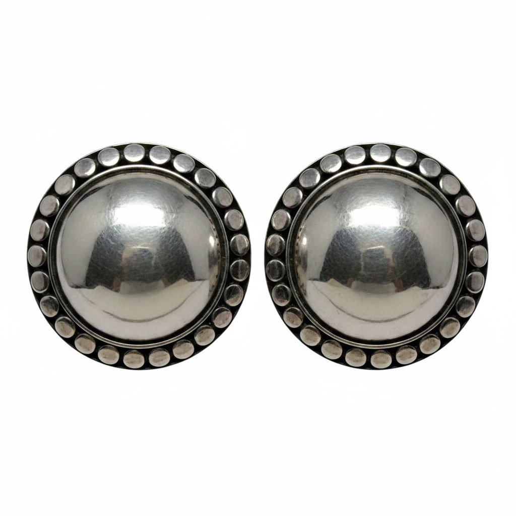 Beaded Border Dome Earrings Sterling Silver
