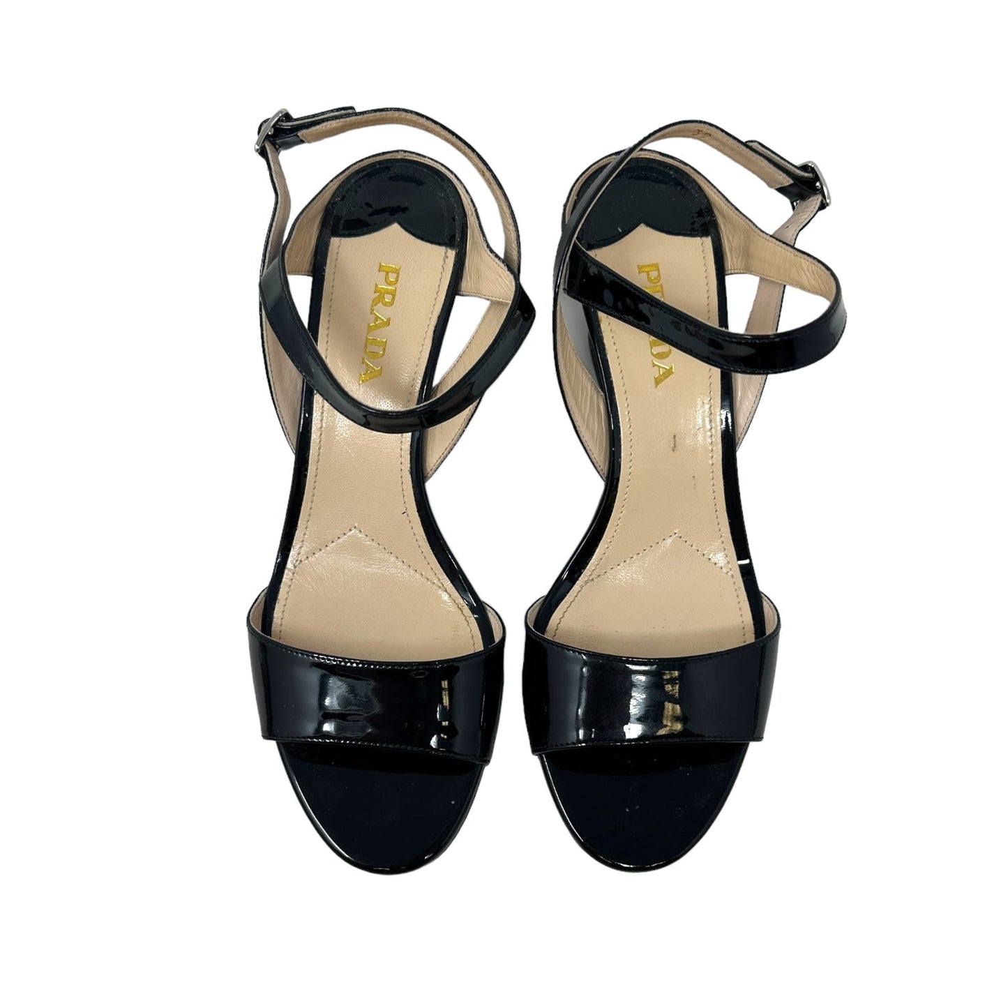 Calzature Donna Patent Leather Wedge Sandals, Vernice, Nero Luxury Designer By Prada  Size: 9