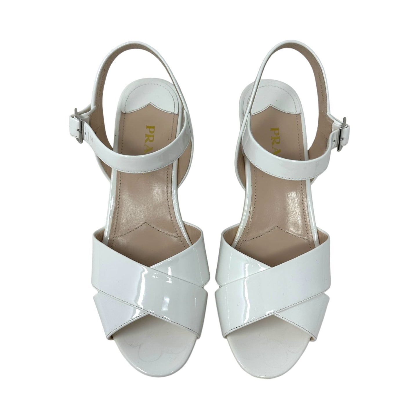 Calzature Donna Vernice 3 Patent Leather Cork Wedge Sandals, Blanco Luxury Designer By Prada  Size: 9