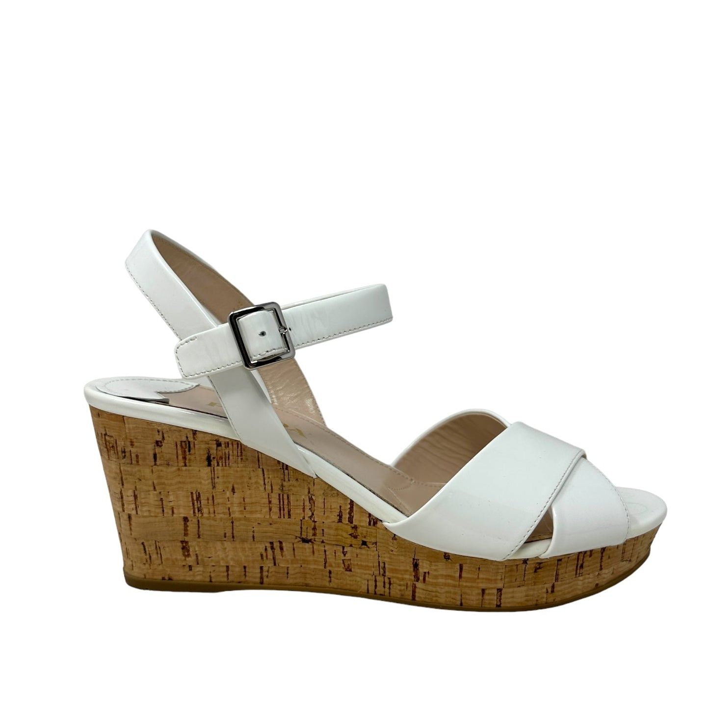 Calzature Donna Vernice 3 Patent Leather Cork Wedge Sandals, Blanco Luxury Designer By Prada  Size: 9