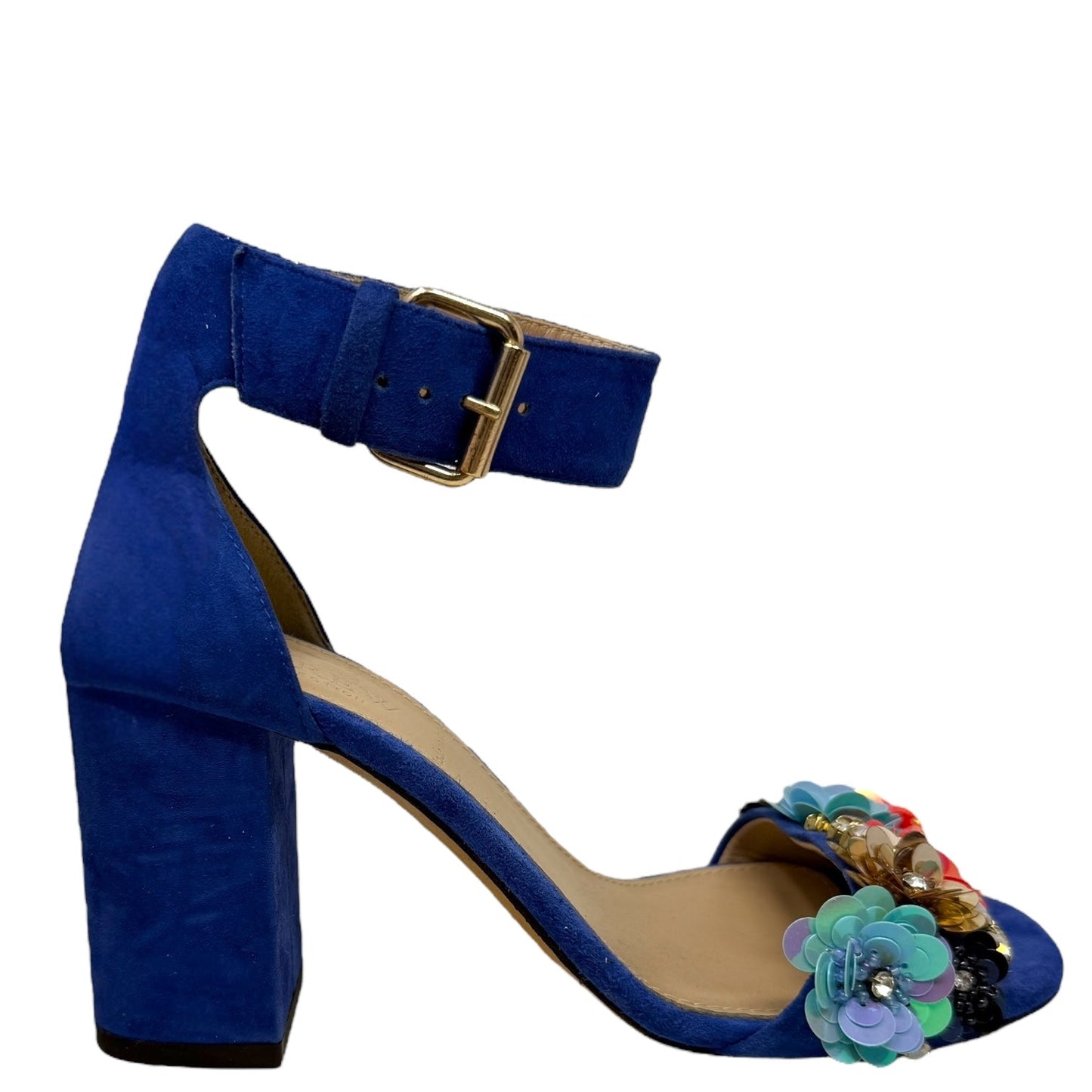 Sequin Flower Embellished Ankle Strap Sandals By J. Crew Collection In Blue Suede, Size: 5.5