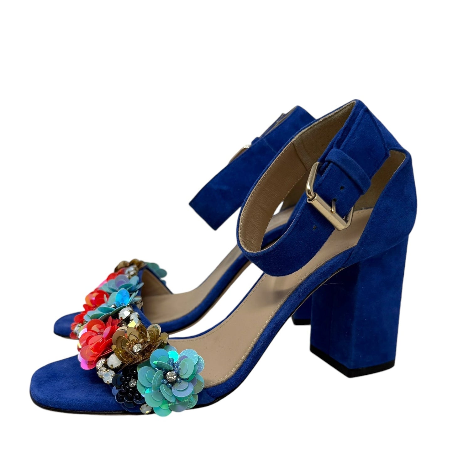 Sequin Flower Embellished Ankle Strap Sandals By J. Crew Collection In Blue Suede, Size: 5.5