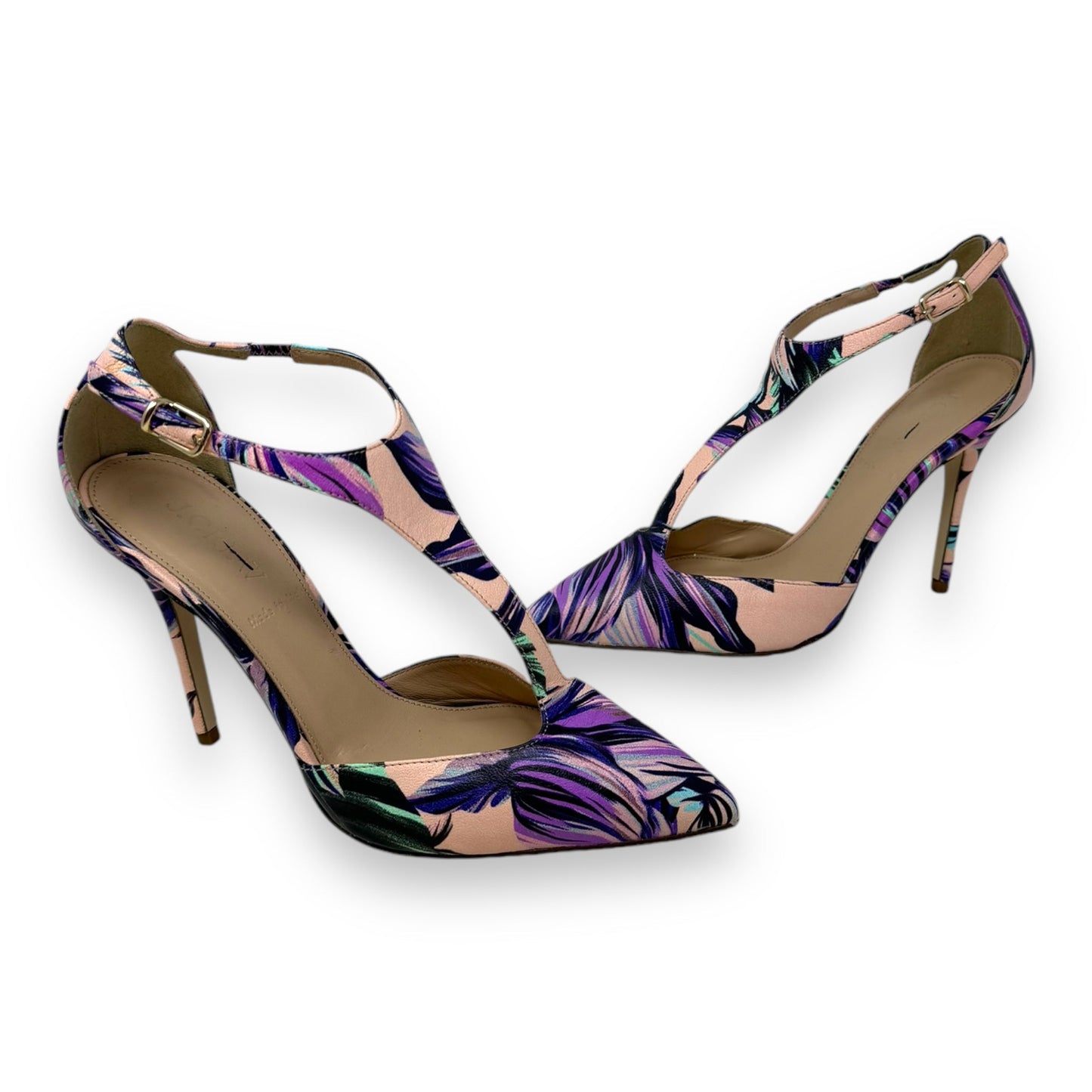 Floral T Strap Shoes Heels Stiletto By J. Crew In Purple & Tan, Size: 6