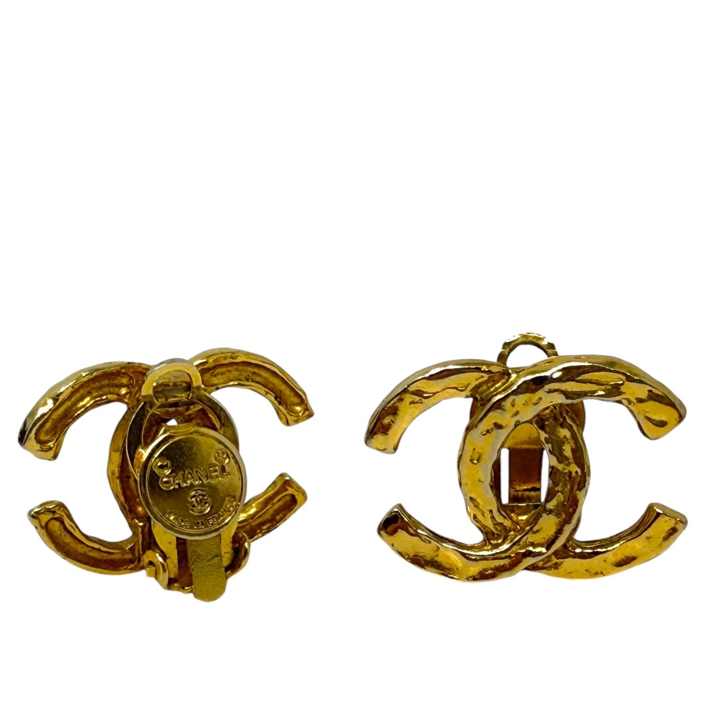 Vintage Gold Plated Hammered Textured CC Clip on Earrings Luxury Designer By Chanel