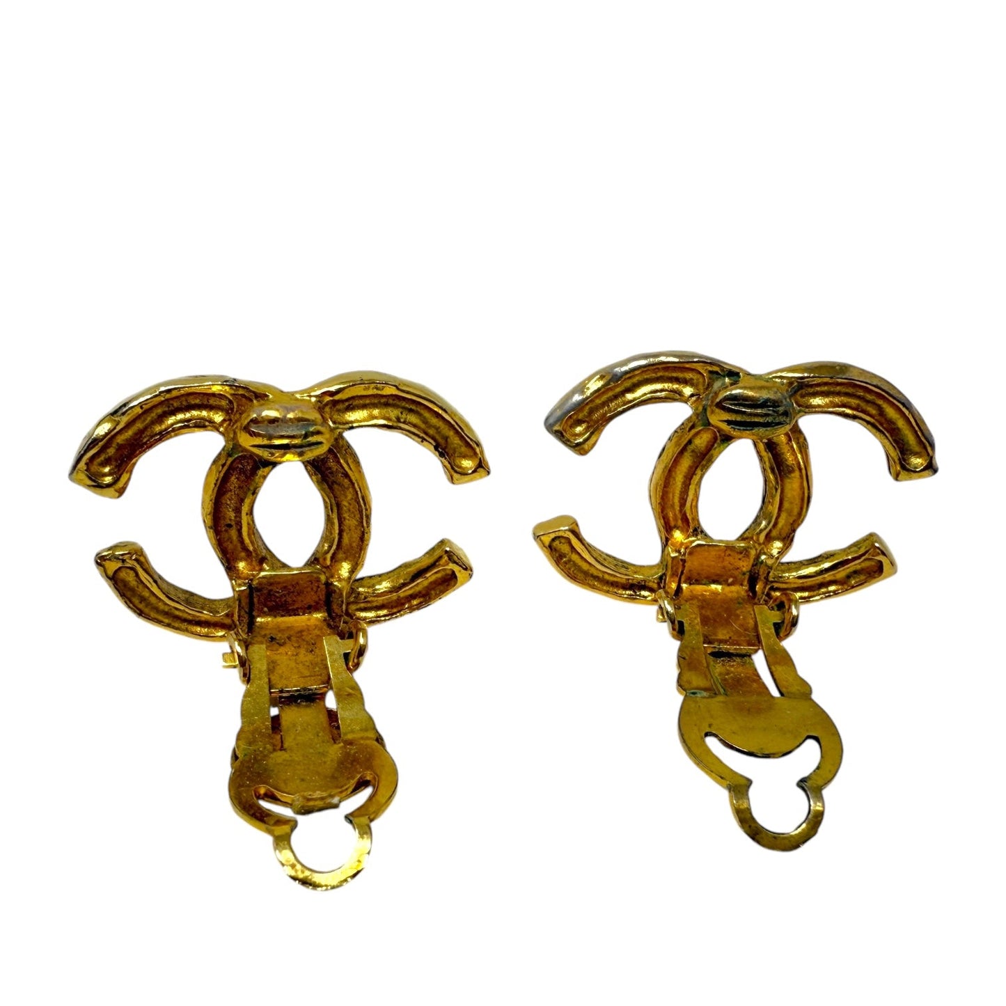 Vintage Gold Plated Hammered Textured CC Clip on Earrings Luxury Designer By Chanel