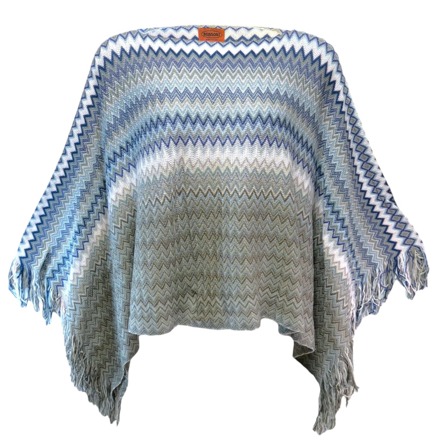 Fringe Trimmed Cotton Poncho Luxury Designer By Missoni In Multi-colored Chevron Print, Size: Osfm