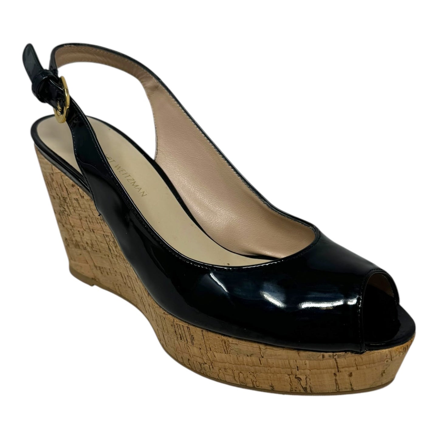 Patent Slingback Cork Wedge Shoes Designer By Stuart Weitzman In Black, Size: 8