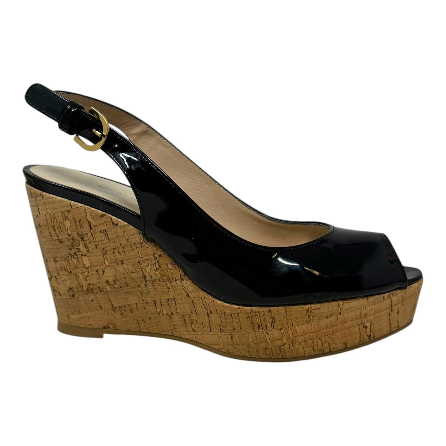 Patent Slingback Cork Wedge Shoes Designer By Stuart Weitzman In Black, Size: 8