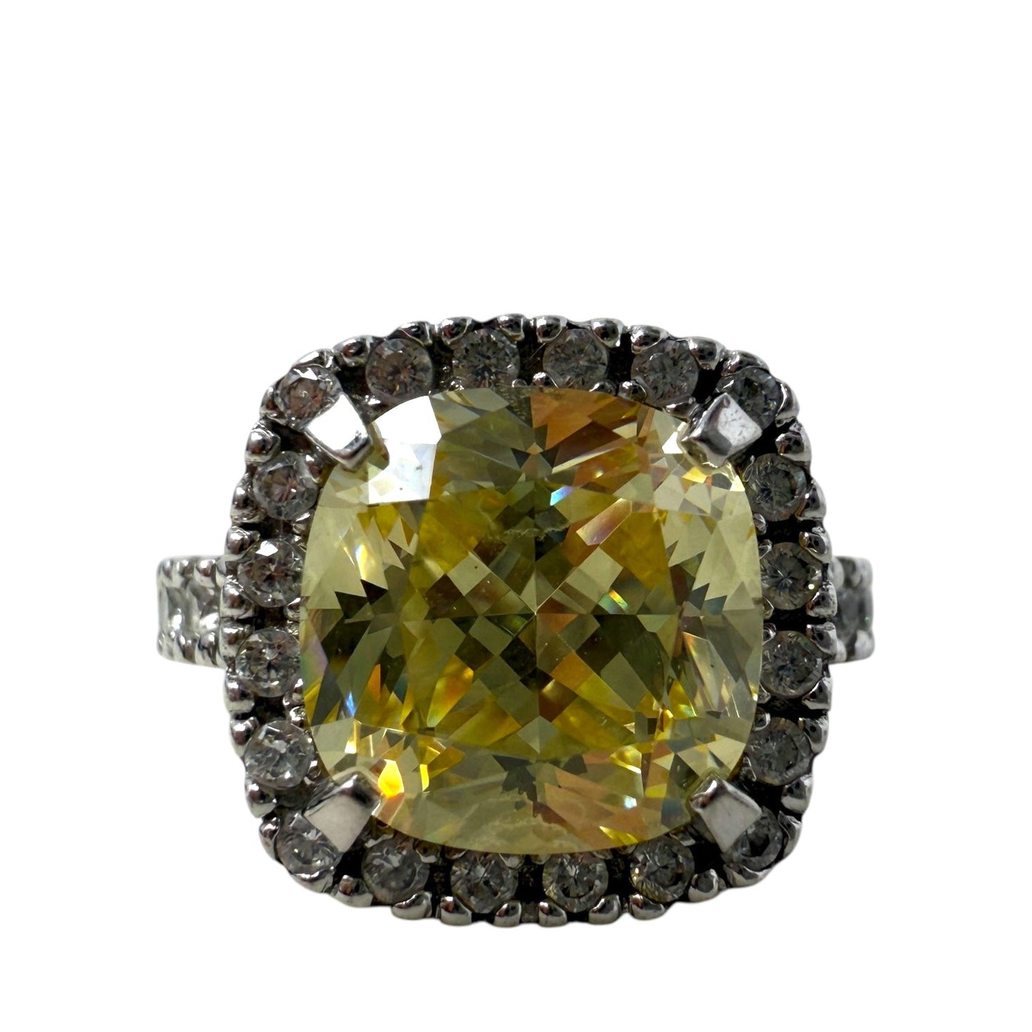 Square Cut Yellow CZ & Sterling Silver Cocktail Ring By Unbranded, Size: 7