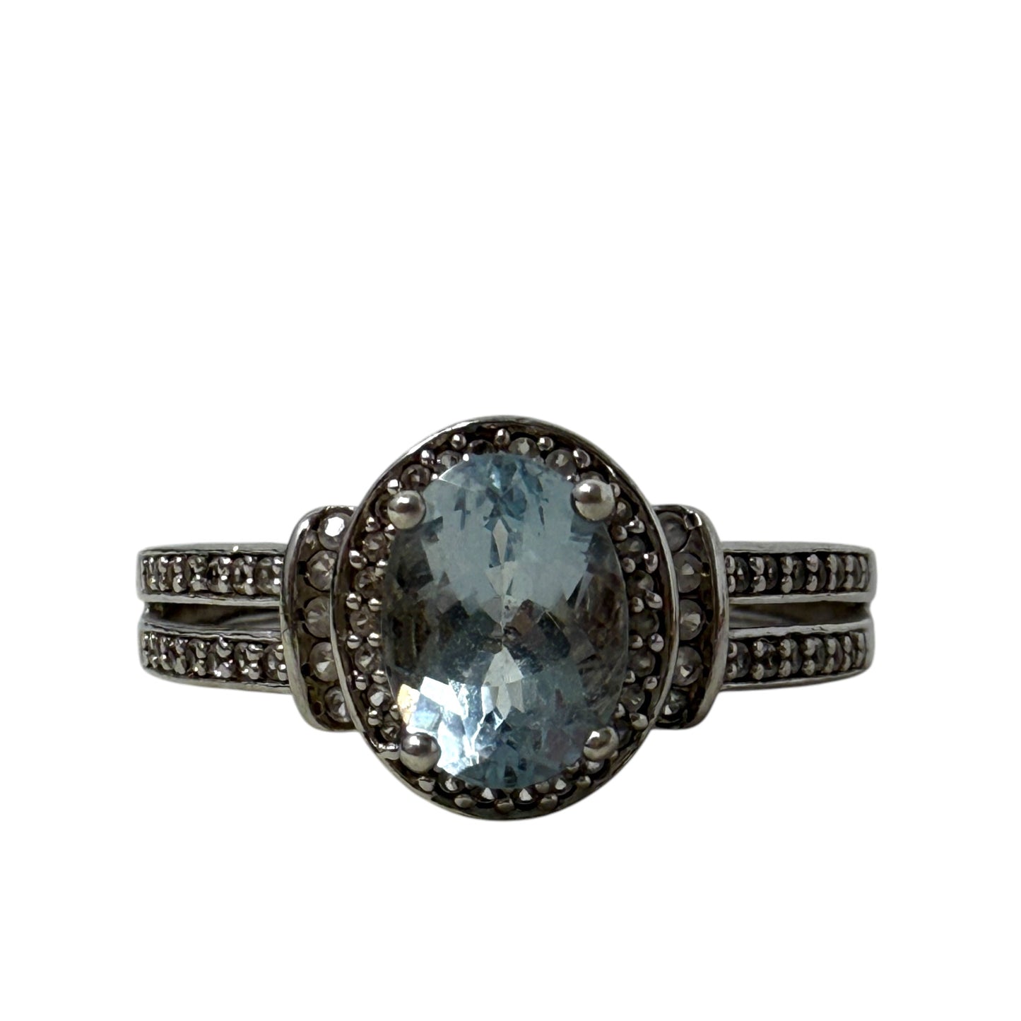 Art Deco Blue Topaz & Marcasite Halo Sterling Silver Ring By Milor Italy, Size: 7