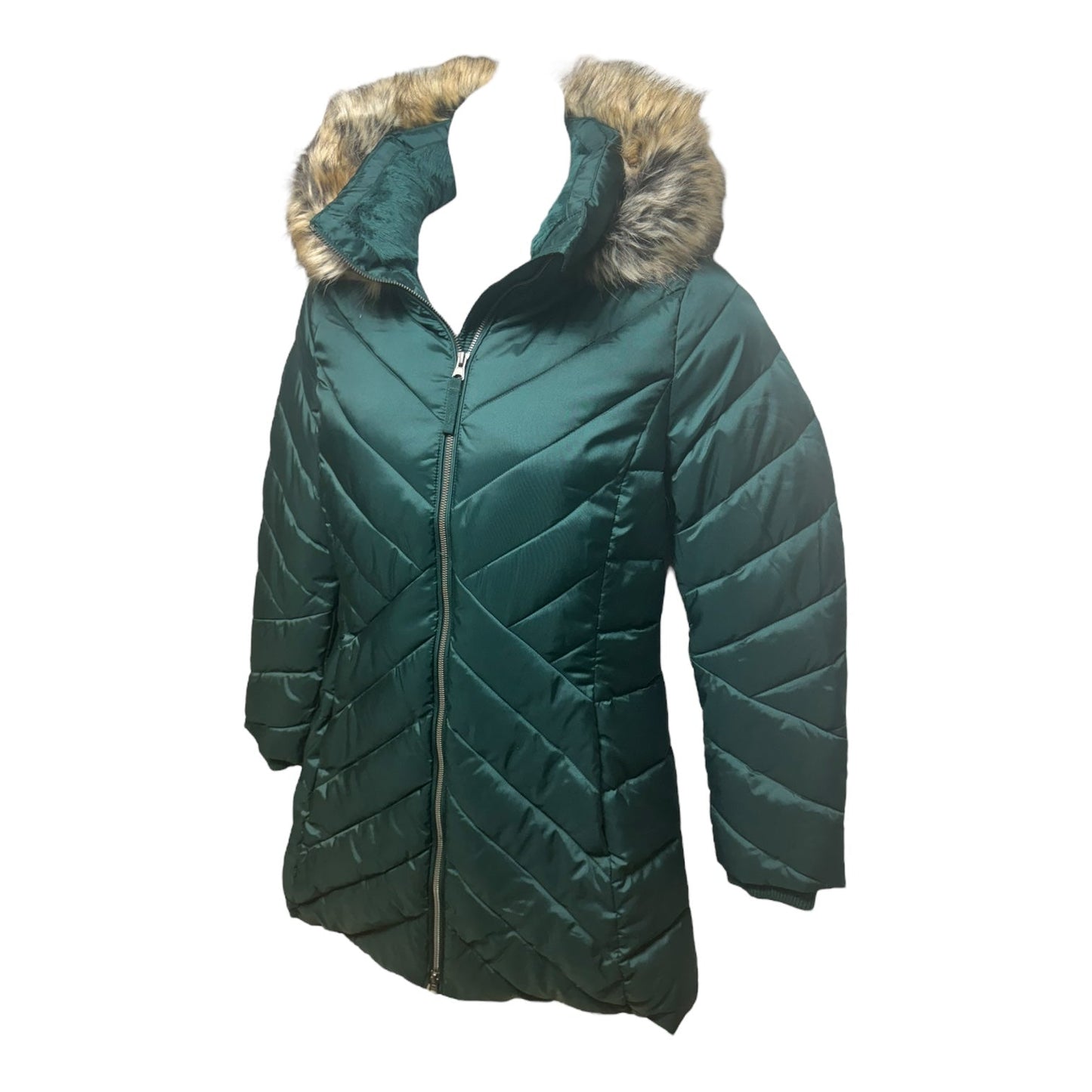 Faux Fur Hood Coat Puffer & Quilted By Lands End In Green, Size: M