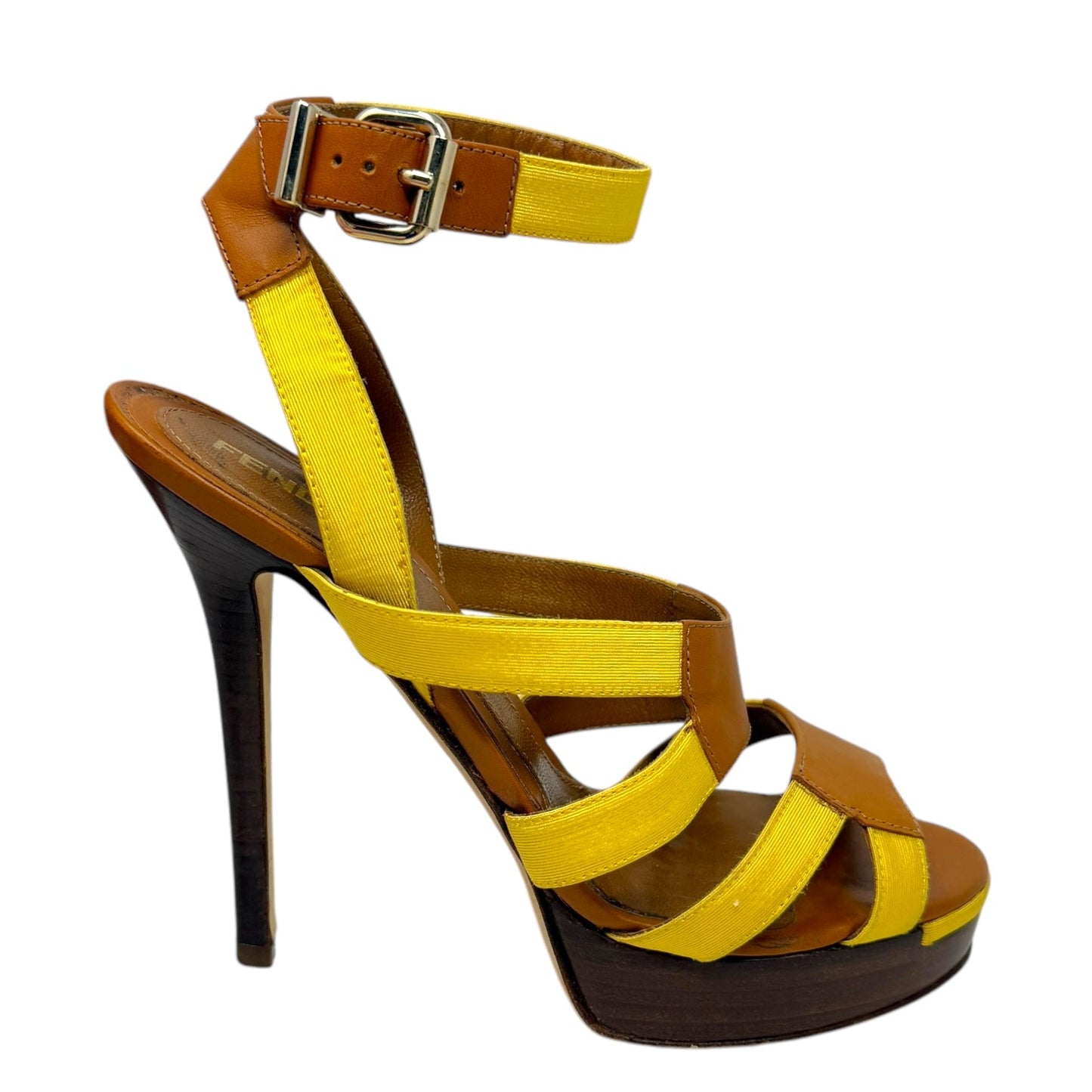 Gros Grain & Cowhide Stilletto Sandals Luxury Designer By Fendi In Mimosa & Honey, Size: US 6.5/IT 36.5