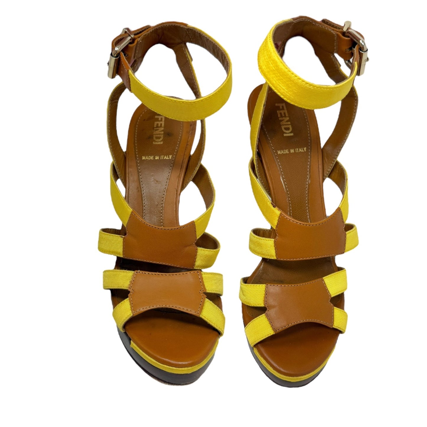 Gros Grain & Cowhide Stilletto Sandals Luxury Designer By Fendi In Mimosa & Honey, Size: US 6.5/IT 36.5