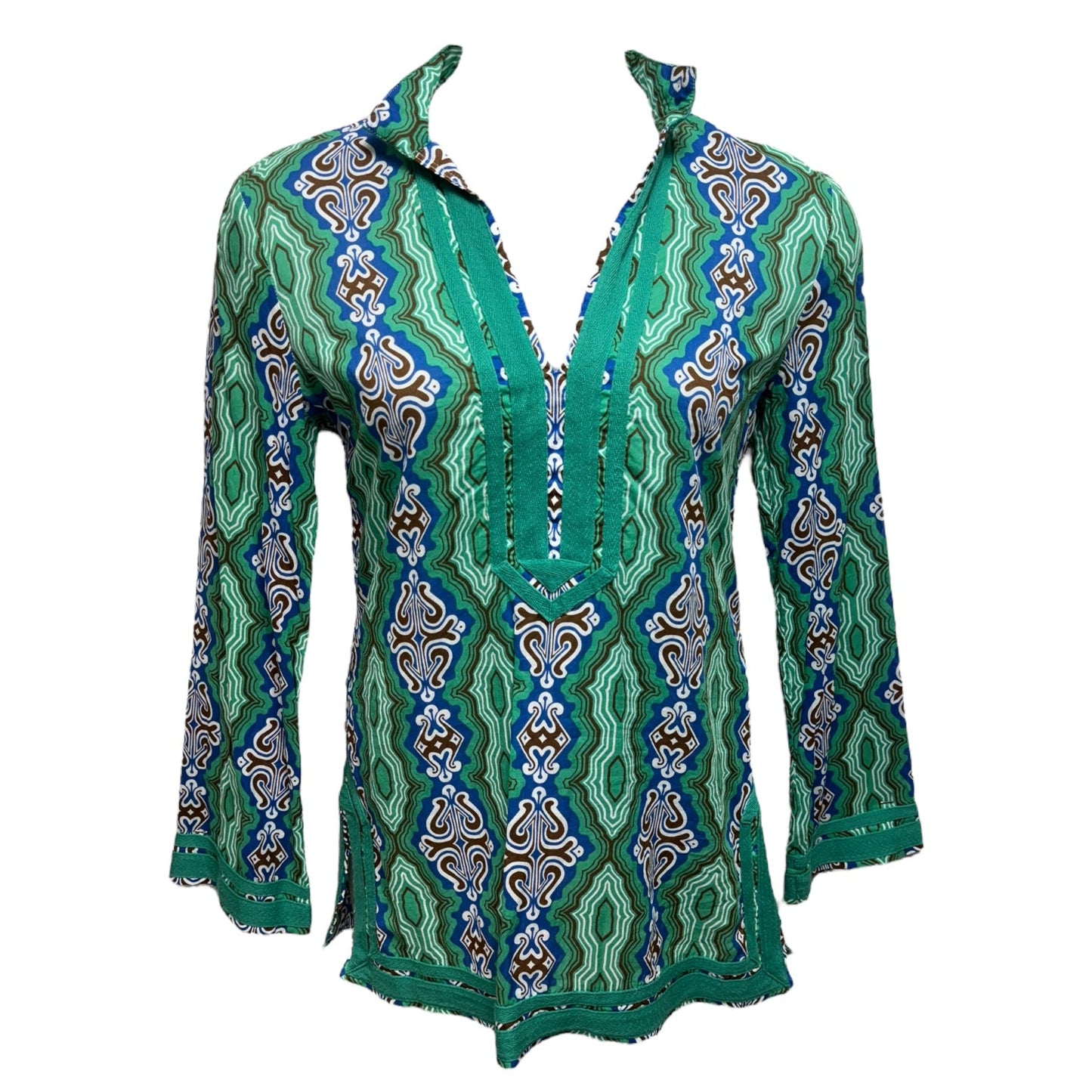 Silk Top Long Sleeve Designer By Tory Burch In Blue & Green, Size: 8