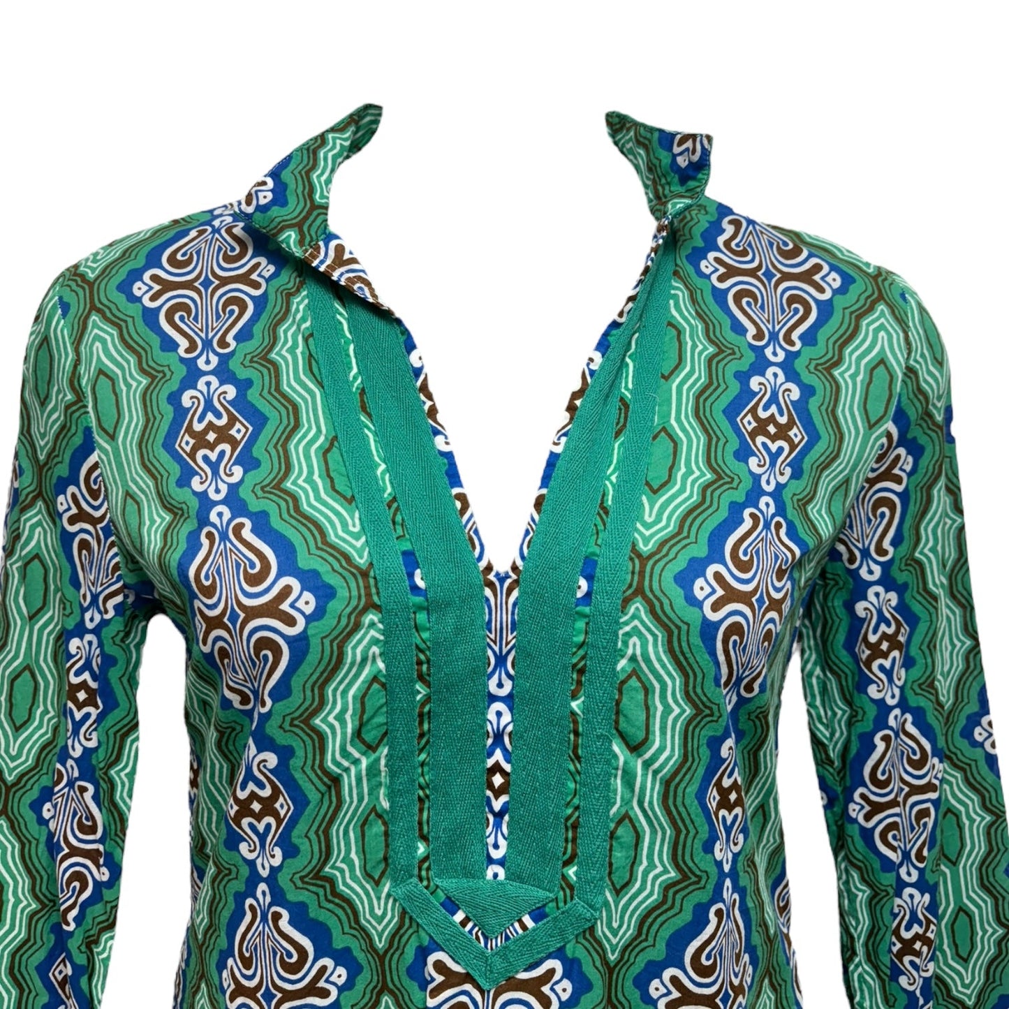 Silk Top Long Sleeve Designer By Tory Burch In Blue & Green, Size: 8