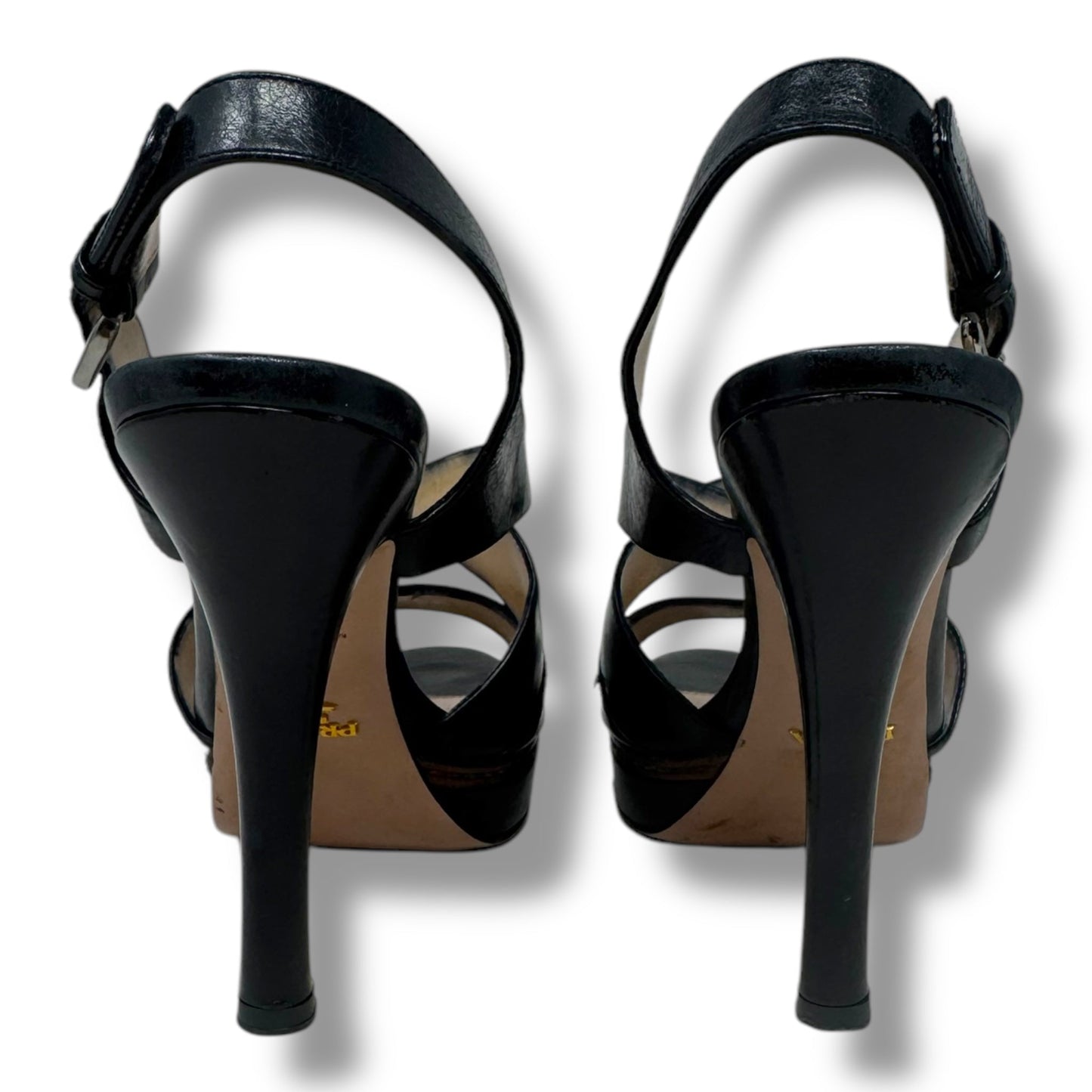 Vitello Shine Slingback Platform Sandals Luxury Designer By Prada In Black, Size: US 6.5/IT 36.5