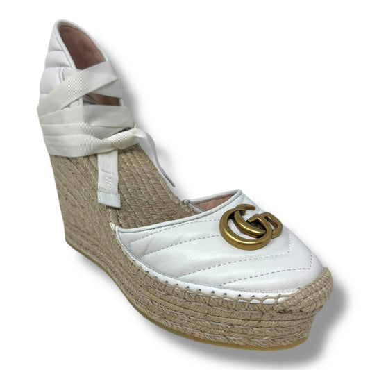 GG Logo Quilted Leather Wrap Espadrille Wedge Shoes Luxury Designer By Gucci In White, Size: 9