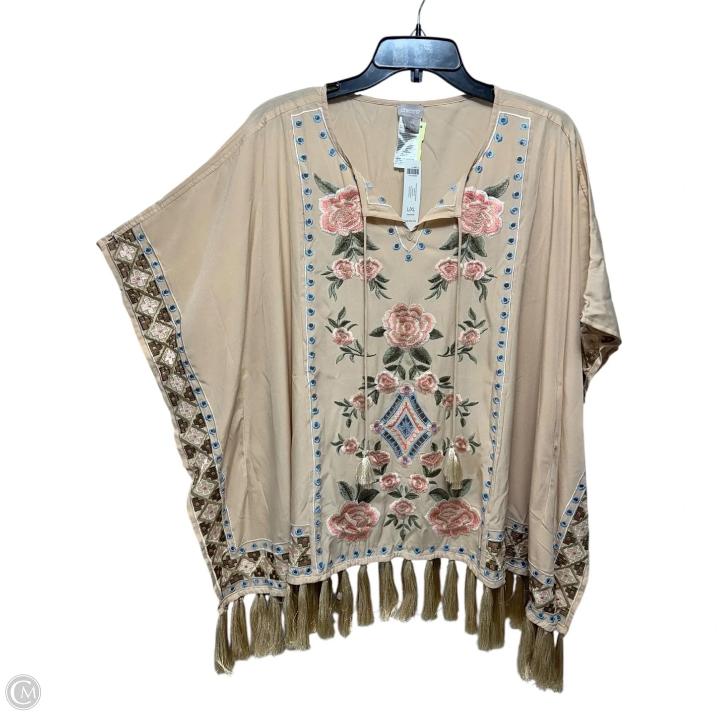 Embroidered Tassel Poncho By Chicos In Floral Print, Size: L