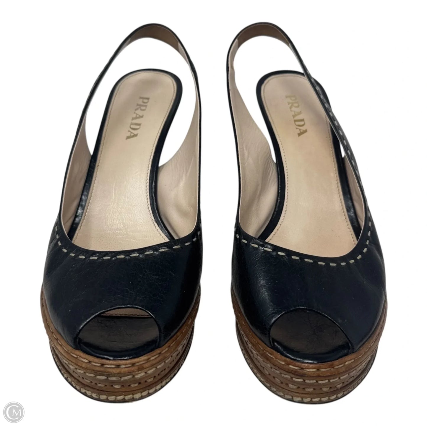 Whipstick Slingback Peep Toe Heels Shoes Luxury Designer By Prada In Black, Size: 8