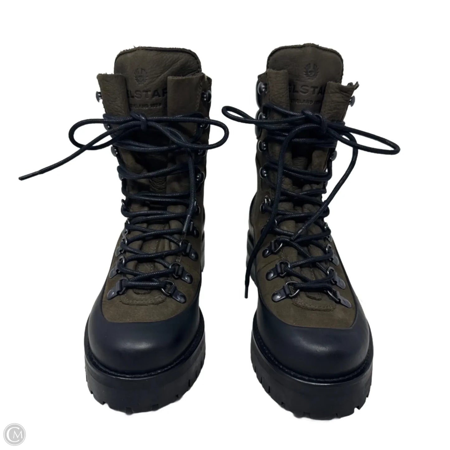 Lace Up Mountain Boots Ankle Flats By Belstaff In Black & Green, Size: 6