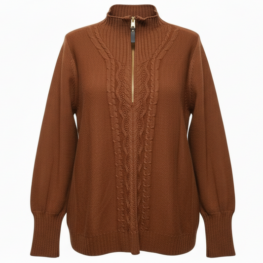 Estate Cable Knit Half Zip Pullover Sweater By Isaac Mizrahi In Brown, Size: 1X