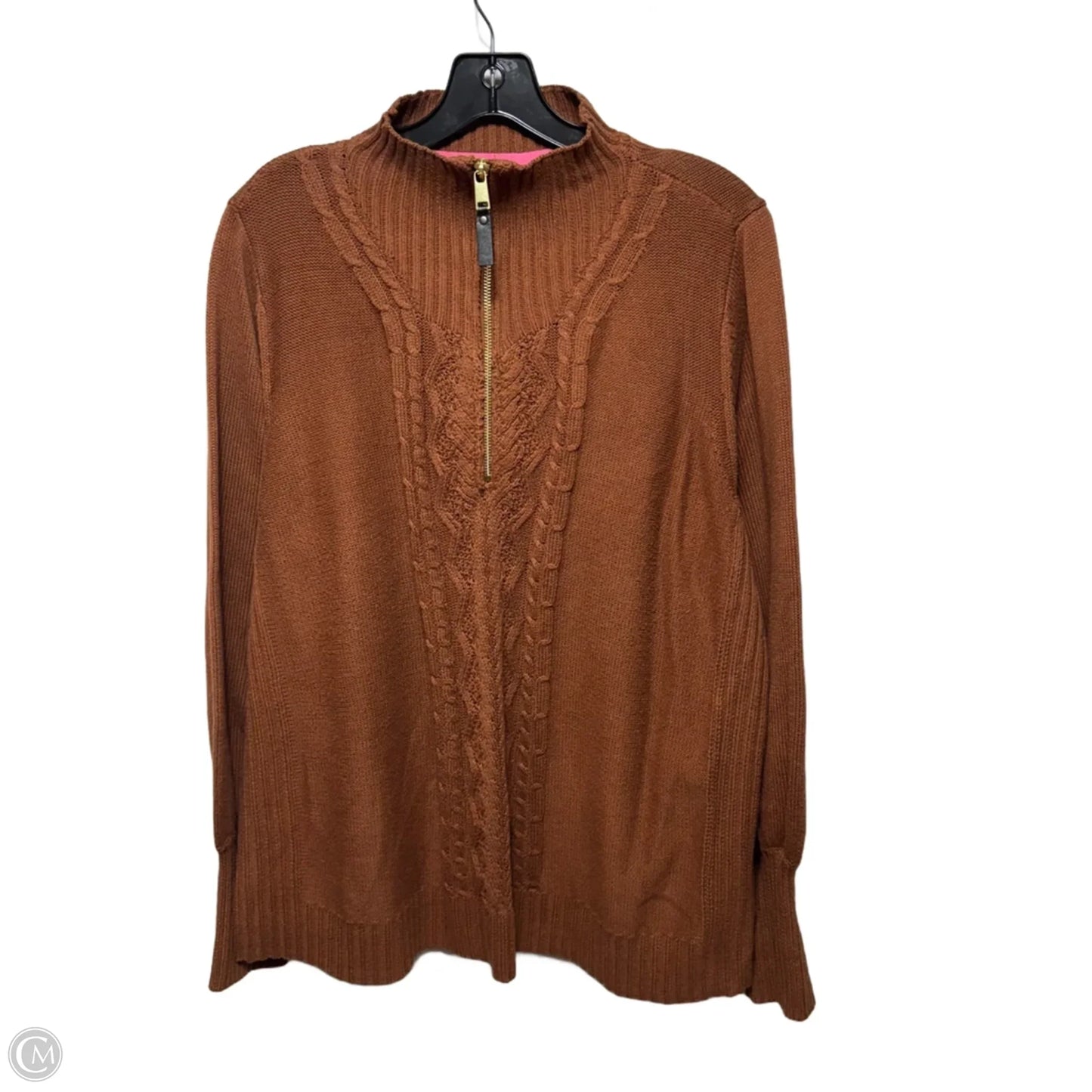 Estate Cable Knit Half Zip Pullover Sweater By Isaac Mizrahi In Brown, Size: 1X