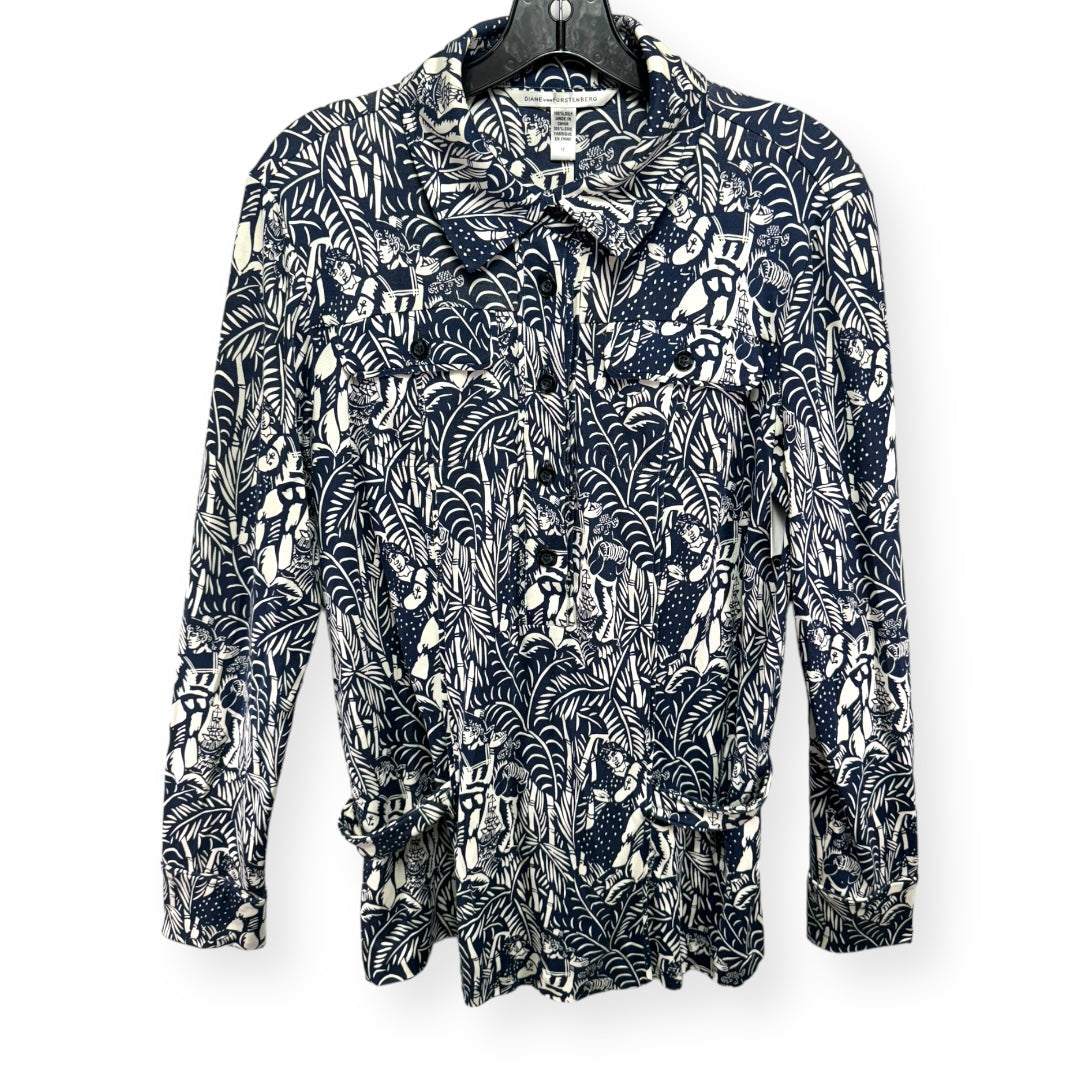Blue & White Top Long Sleeve Designer Diane Von Furstenberg, Size 12