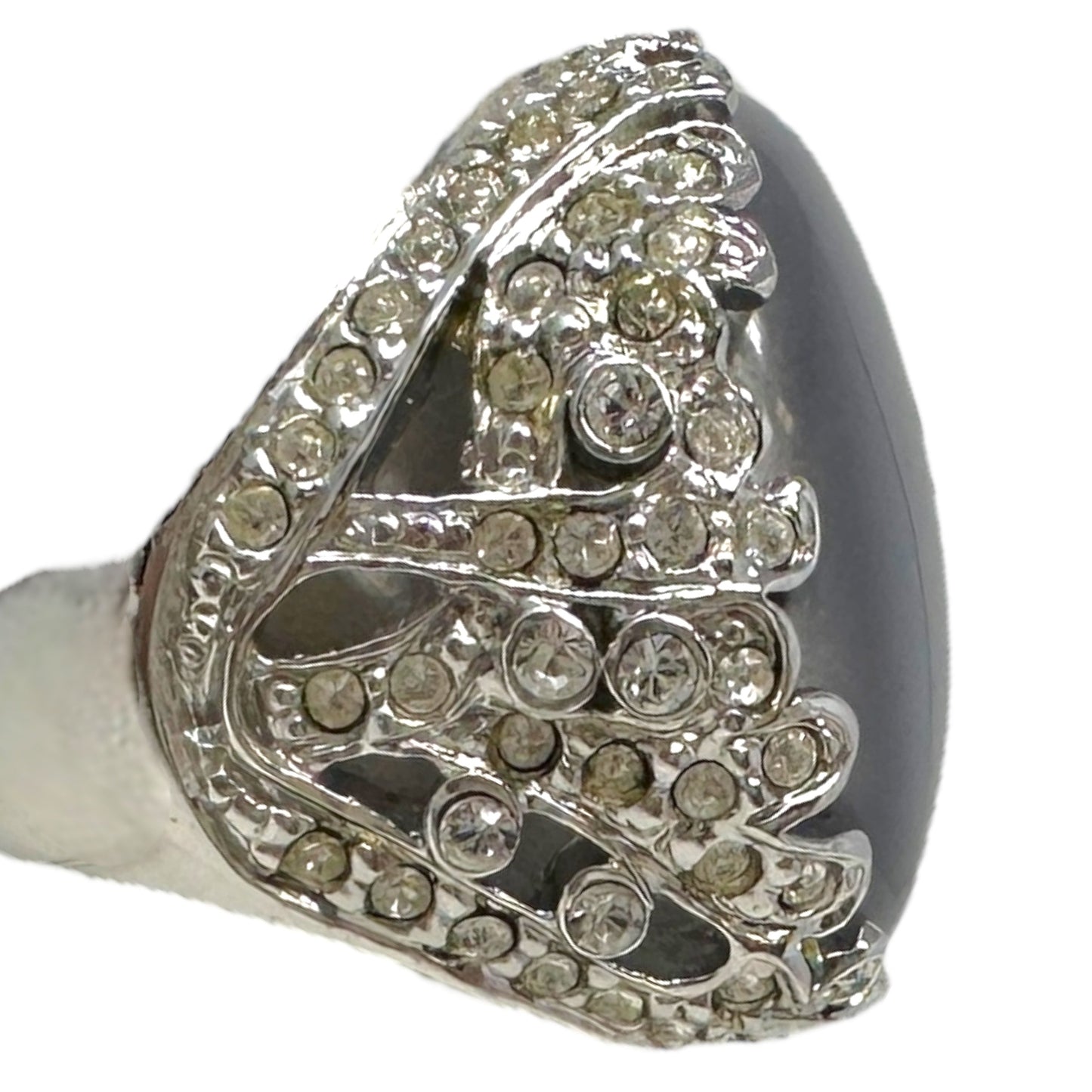 Cat’s Eye Glass & Rhinestone Cocktail Ring Signed Designer St John Collection, Size 7