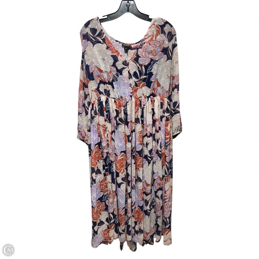 Navy Floral Swiss Dot Button Down Tea Length Dress By Torrid In Floral Print, Size: 1X
