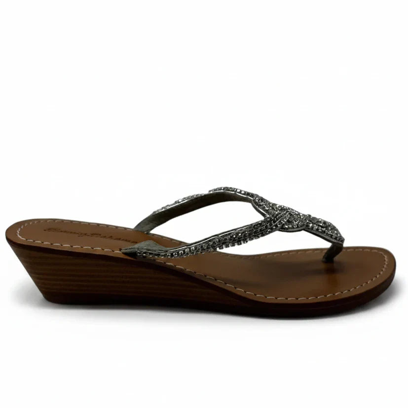 Jeweled Wedge Thong Sandals By Tommy Bahama In Tan & Silver, Size: 10