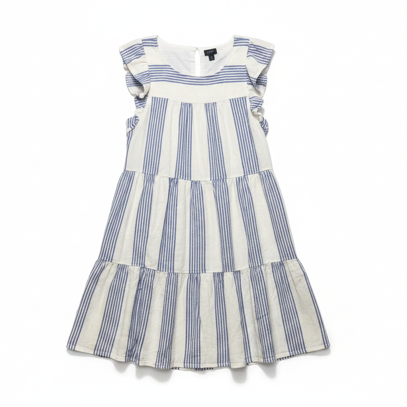 Tiered Linen Blend Mini Dress By J. Crew In Striped Pattern, Size: 12